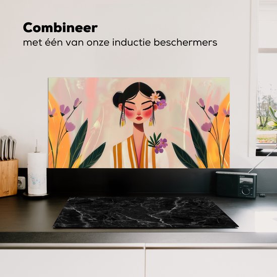 Spatscherm keuken 80x40 cm - Kookplaat achterwand Vrouw - Bloemen - Pastel - Muurbeschermer - Spatwand fornuis - Hoogwaardig aluminium