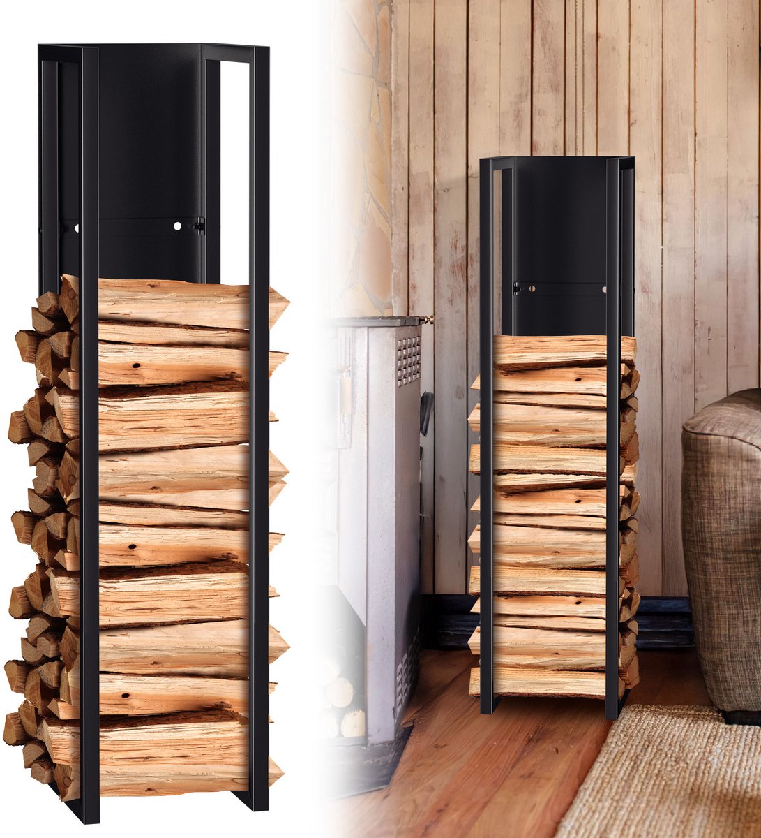 Logdrager Indoor outdoor Metal Stable Eenvoudige montage 100 x 25 x 25 cm Zwart