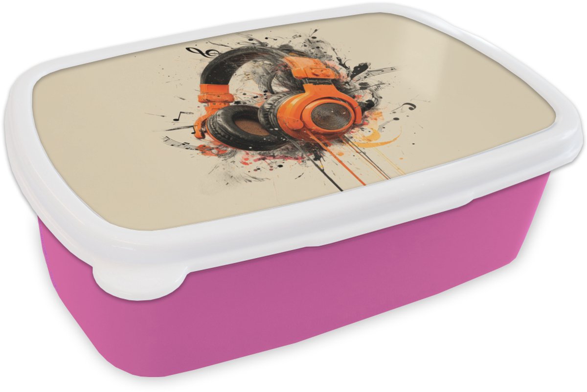 Broodtrommel Roze - Lunchbox Koptelefoon - Oranje - Explosief - Brooddoos 18x12x6 cm - Brood lunch box - Broodtrommels voor kinderen en volwassenen