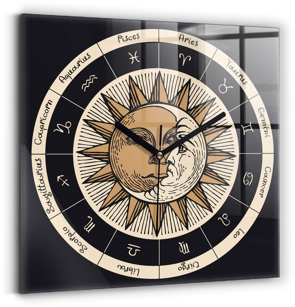 Wallfluent Wandklok - De zon en de dierenriem Stijlvolle Klok - 30 cm x 30 cm - Veelkleurig Wandklok - Zwarte Handen - Klok zonder getallen - Kinder Wandklok Glas - Klok met Print - Kunstzinnige Klok - Klok met Afbeelding