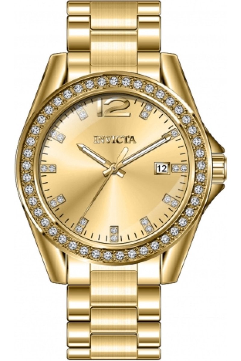 Invicta Angel 49847 Dames Horloge - Waterdicht - Analoog - Quartz Uurwerk - Roestvrij Staal met gouden Wijzerplaat - 38mm