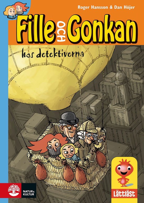 Boekcover 'Fille och Gonkan hos detektiverna' met vier stripfiguren in een luchtballon boven een stad.