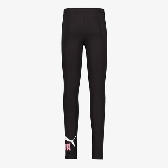 Zwarte legging met roze 'PUMA' logo en kat-logo op de linker broekspijp.