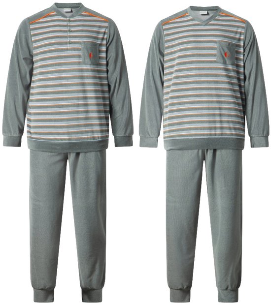 Gentlemen - 2 warme heren pyjama's badstof 114289 - knoop- en V-hals - groen - maat XL