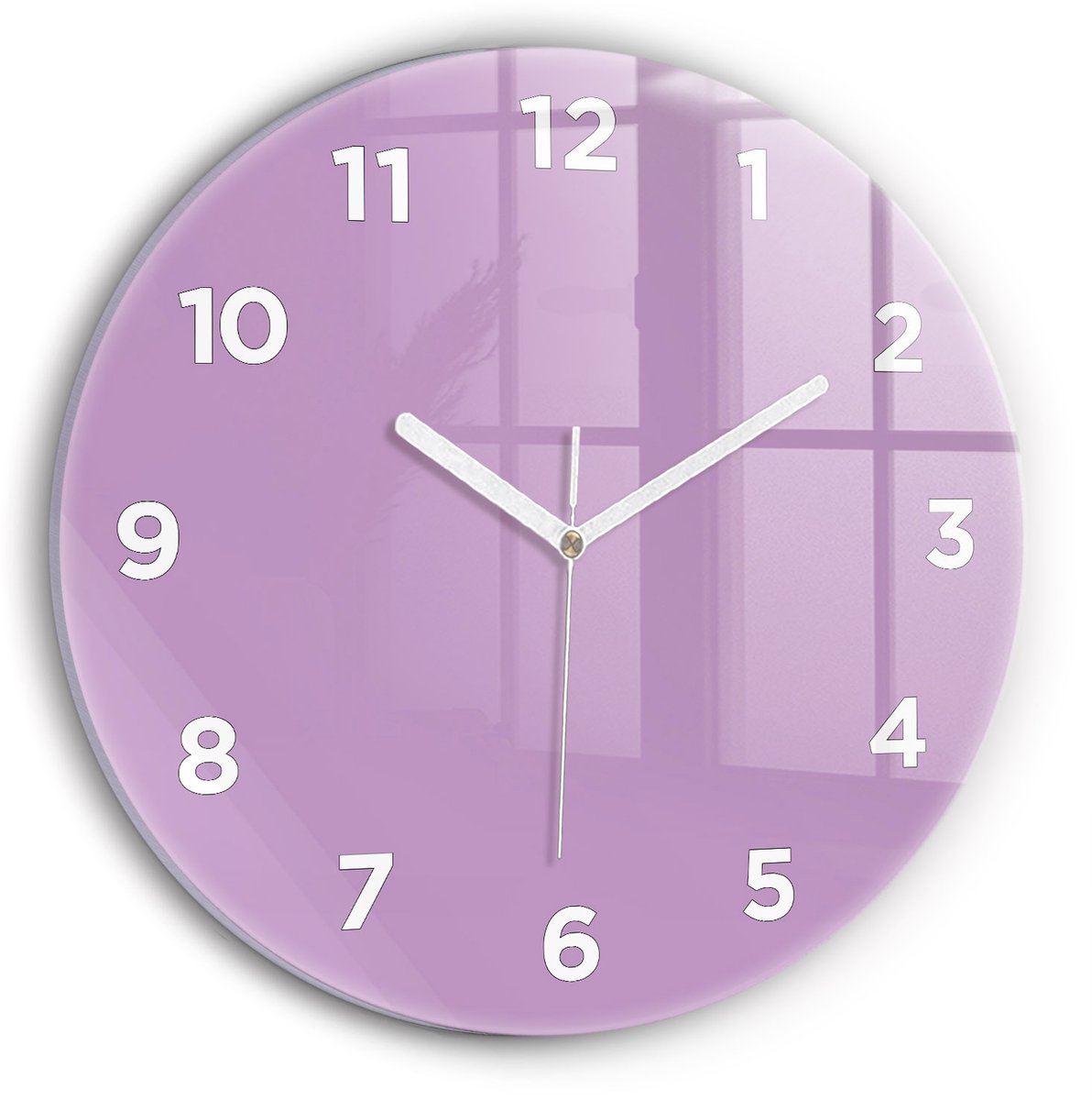 Wallfluent Wandklok - Lila Ronde Glas Klok - 30 cm x 30 cm - Lila Wandklok - Witte Handen - Wandklok Met Cijfers - Stille Wandklok Slaapkamer - Ronde Glazen Klok - Minimalistisch Wandklok - Ronde Glazen Wandklok