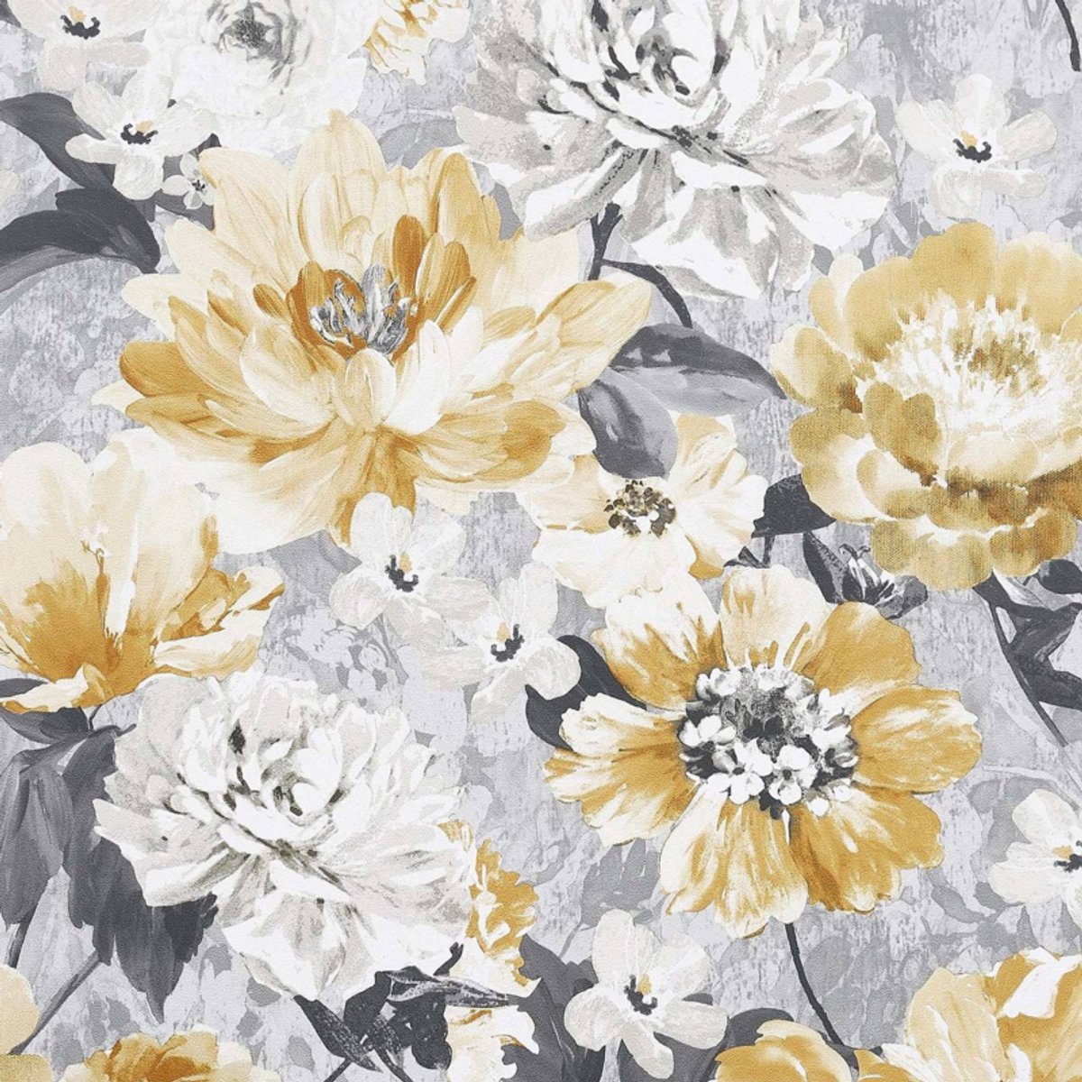 Mosterd geel bloemen behang 908504 Vintage