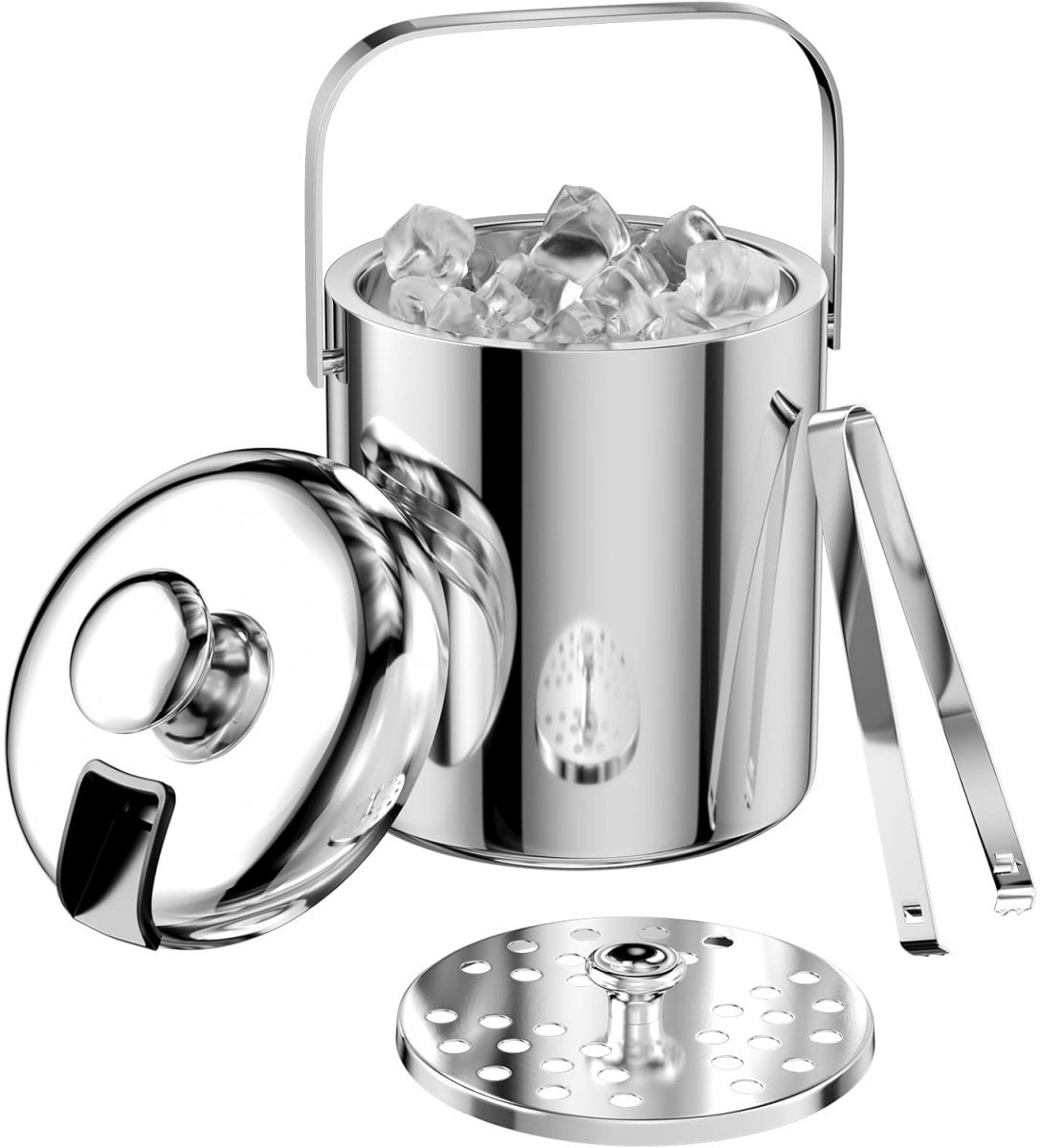 QTTVBTNA -Ijsemmer Set 1,6L RVS – Dubbelwandige Geïsoleerde Ijsemmer met Deksel en Tangen – Ijsblokjeshouder voor Drankjes, Cocktails, Wijn, Bier en Feestjes – 14x22 cm