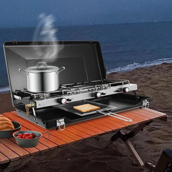 Campingfornuis 3-pits - Draagbare Propaan Gasbrander - 4,5 kW Totaal Vermogen - Piezo-ontsteking - Inclusief Grillrooster, Bakplaat & Windscherm - Outdoor BBQ, Camping, Picknick van Campingfornuis — afbeelding 3