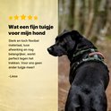Zwarte hond met groen hondentuigje, met een tekstreview over het sterke en flexibele materiaal.