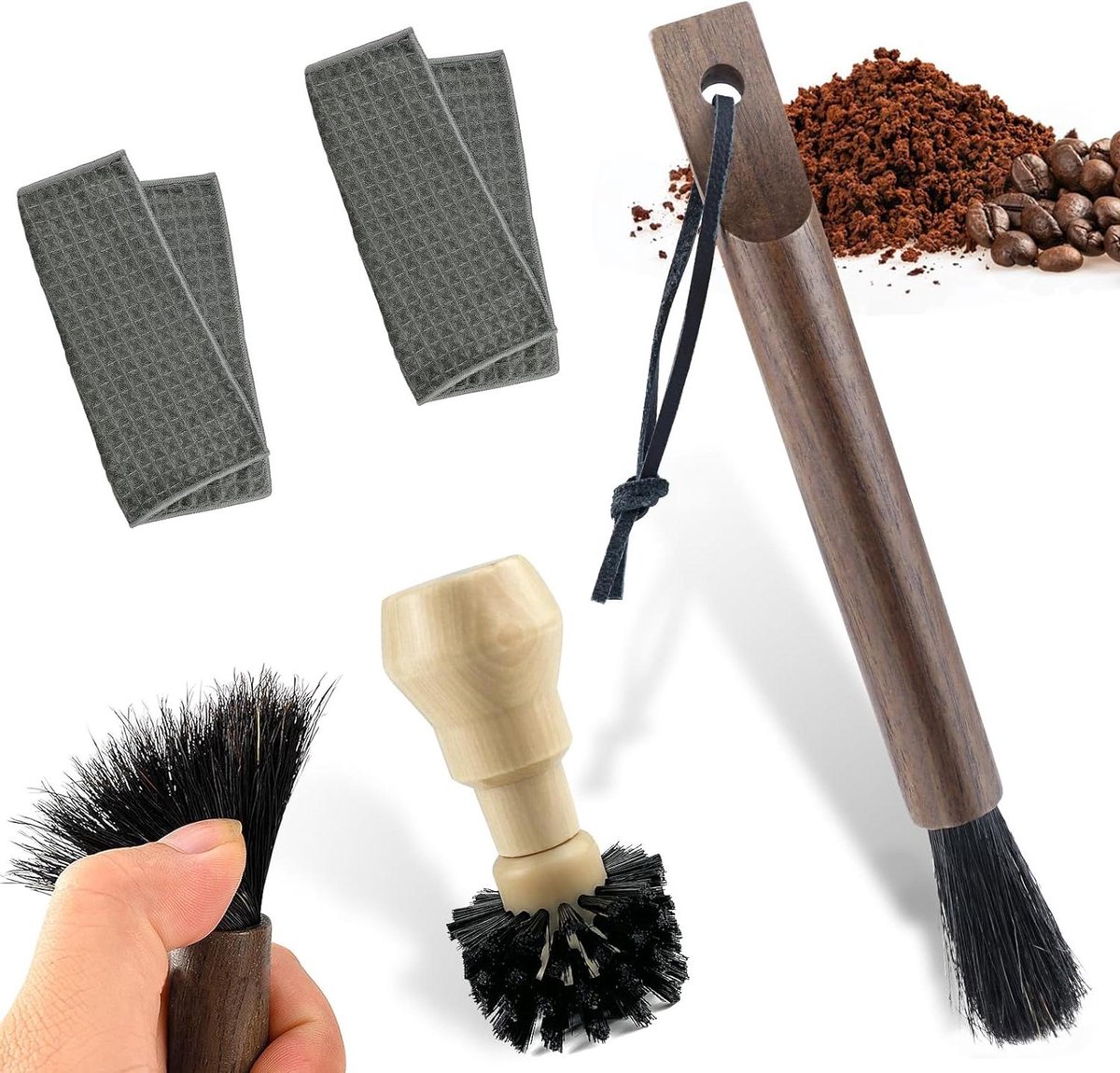 Allecto plus - Koffieborstels met houten handvat voor koffiefiltermachines en espressomachines, inclusief poetsdoeken, 2 stuks