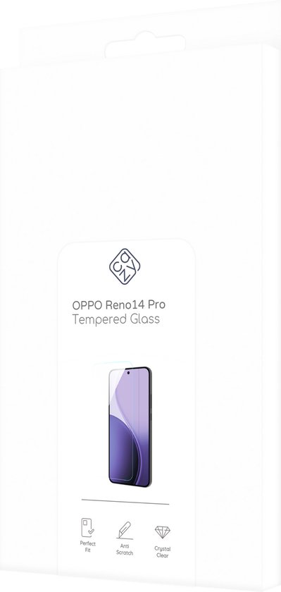 Verpakking van een Cazy screenprotector voor de OPPO Reno 14 Pro. Met iconen voor 'Perfect Fit', 'Anti Scratch' en 'Crystal Clear'.