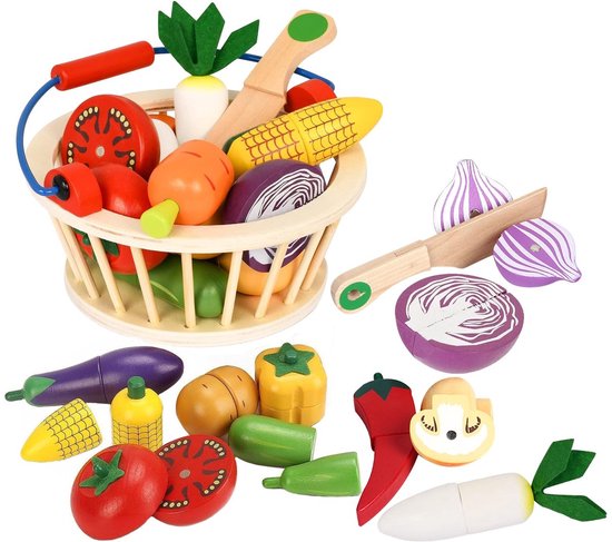 Foto: Houten speelgoed nepspeelgoed voedselset voor kinderkeukens magnetisch snijspel met fruit en groenten met opbergmand cadeau voor peuters van 2 jaar geweldig cadeau voor meisjes en jongens