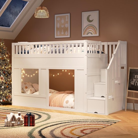 Lit enfant Pugsdrly, lit superposé (90 x 200 cm), lit mezzanine, lit enfant multifonctionnel avec armoire escalier, espace de jeu convertible sous le lit, sans matelas, blanc