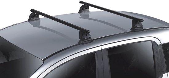 Voiture argentée avec deux barres de toit noires sur des pieds de support noirs.