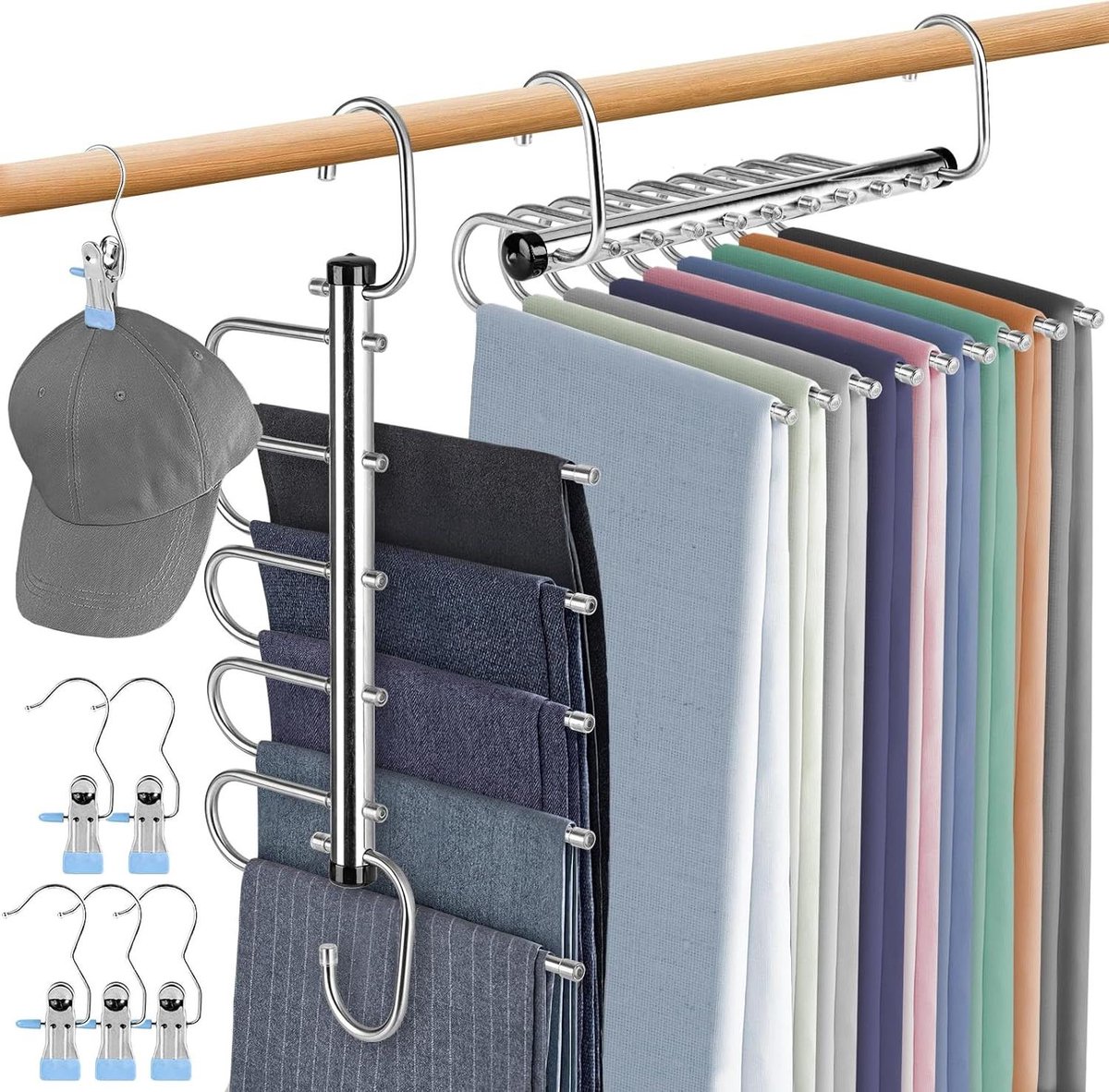 Allecto plus - 5-in-1 broekhanger, set van 2, roestvrij staal, multifunctionele kleerhanger voor broeken, sjaals, jeans, kleding