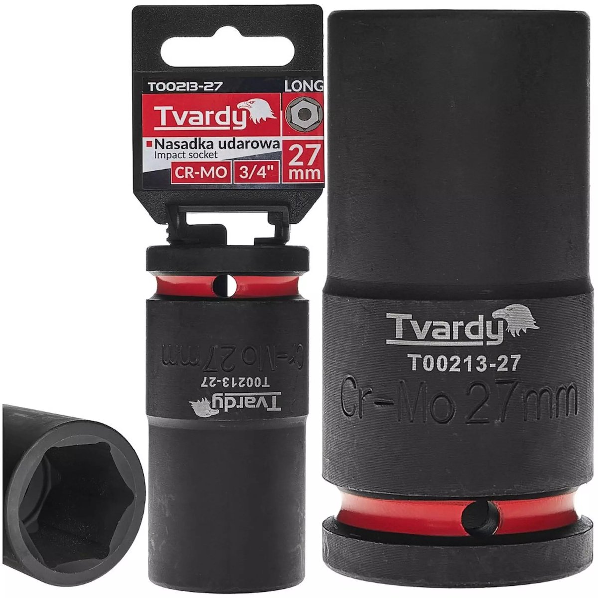 Tvardy Slagdop lang zeskant 27 mm - chroom-molybdeenstaal - vierkante opname 19 mm - zwart - voor slagmoersleutel en diep liggende moeren in auto- en industriewerk