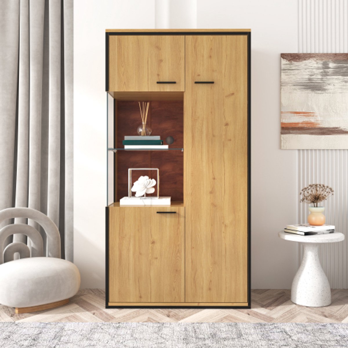 Moderne Vitrine 150cm – LED Verlichting, Glazen Deuren, Grote Opslagruimte, Multifunctionele Rekken, 15 Kleurkeuzes