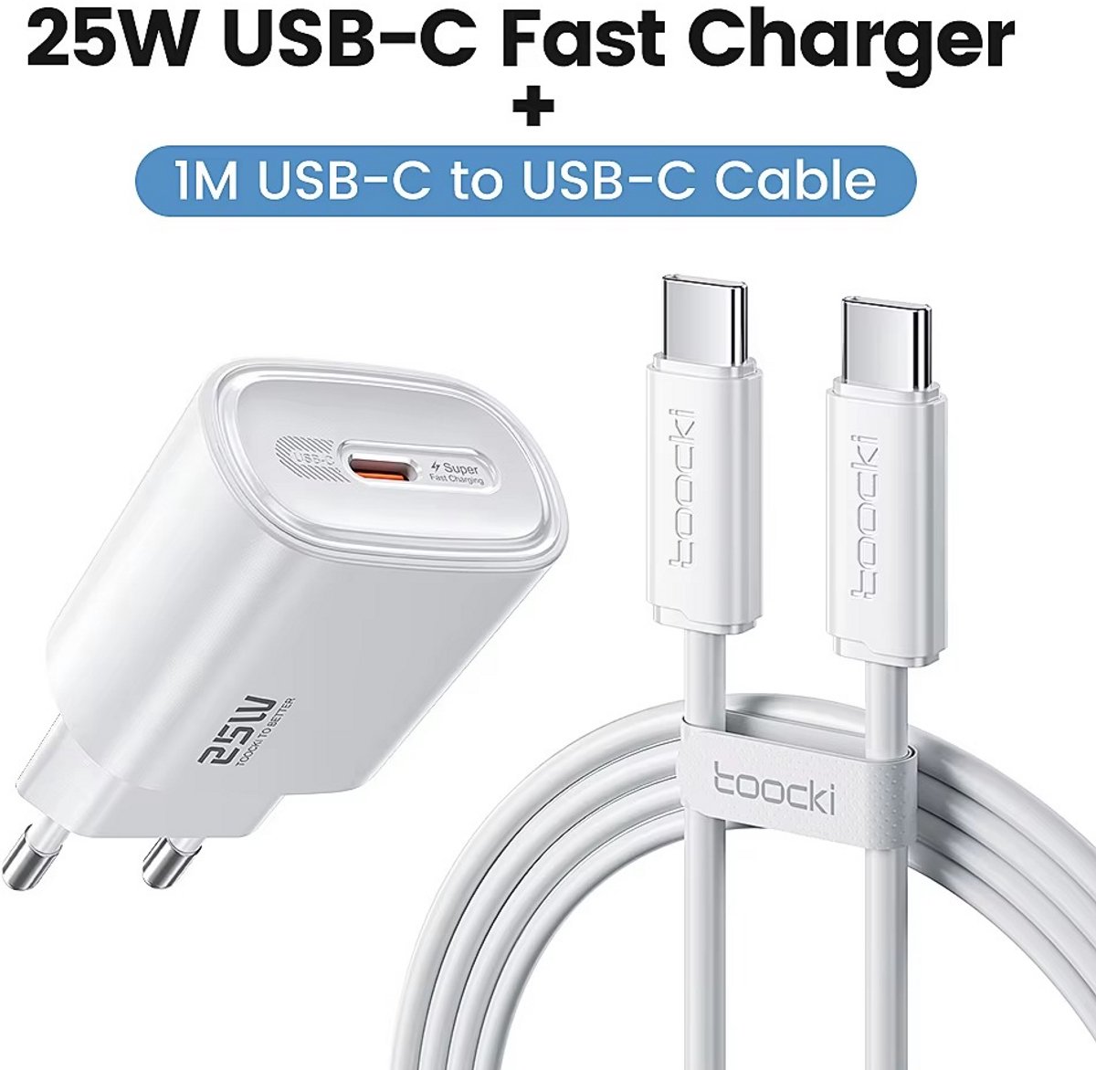 Toocki GaN Snellader | USB-C & USB-A Oplader - Usb Stekker - Oplaad kop - Oplaad blok | Oplaad Adapter | 25W Quick Charger - USB-C & USB-C -1M kabel en Adapter- 25watt oplader -Geschikt Voor Alle Smartphones, Tablets & Laptops- Telefoon Oplader |Wit