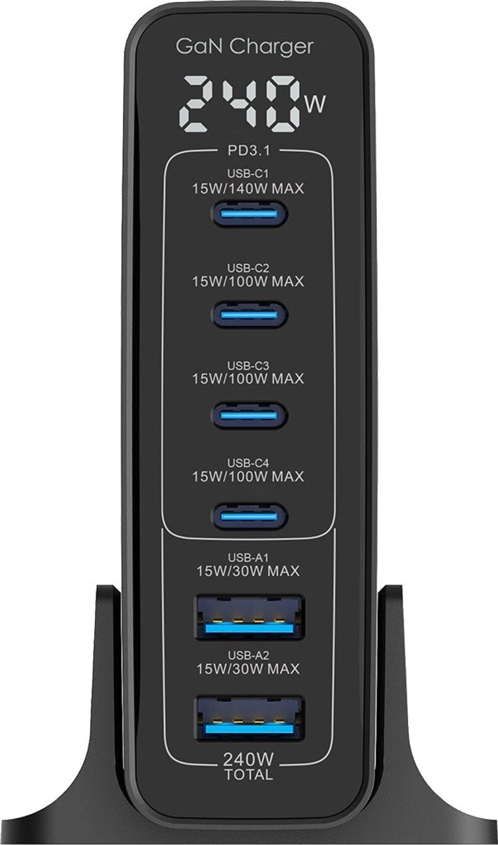 Rixus RX240 240W GaN Power Adapter With Digital Display Black