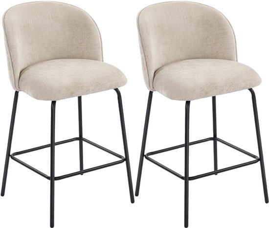 Set de 2 Tabourets de bar avec dossier et repose-pieds, Chaises rembourrées avec Pieds en acier pour îlot de cuisine, salle à manger, beige
