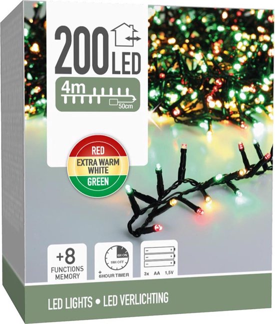 Micro Cluster 200 led-4m-three tone traditional-rood groen geel(EWW)- Batterij – Lichtfuncties – Timer
