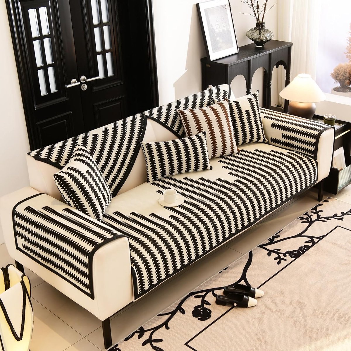 Bankhoes, ultrazacht, antislip, chenille, bankovertrek, hoekbank, bankhoes, huisdier en hond, solide dikke gestructureerde bankbeschermer voor woonkamer, , maat 70 x 210 cm kleur wit+zwart