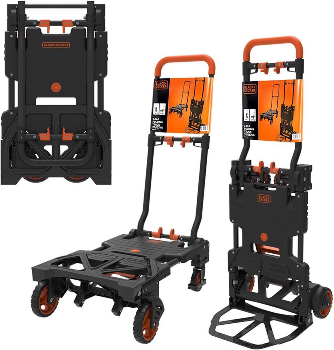 BLACK+DECKER 2-in-1 steekwagen en plateauwagen - steekkar max. 55kg - platformwagen max. 120kg - transportwagen inklapbaar - transportwagen met stevige wielen - kunststof/ staal
