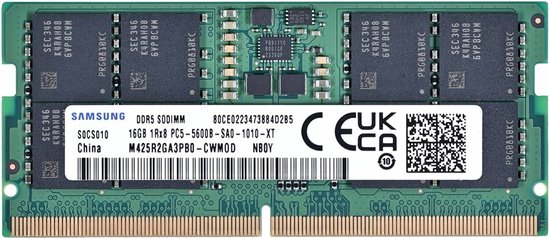 Samsung DDR5 SODIMM 16GB computergeheugen, met tekst 'SAMSUNG DDR5 SODIMM 16GB 1Rx8 PC5-5600B-SA0-1010-XT'.
