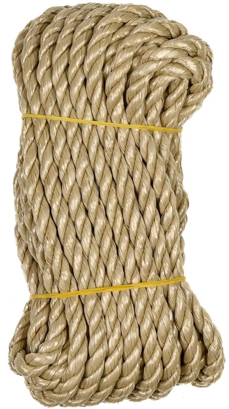 Beige polypropyleen touw van 8mm dik, opgerold en bijeengehouden door gele elastieken.