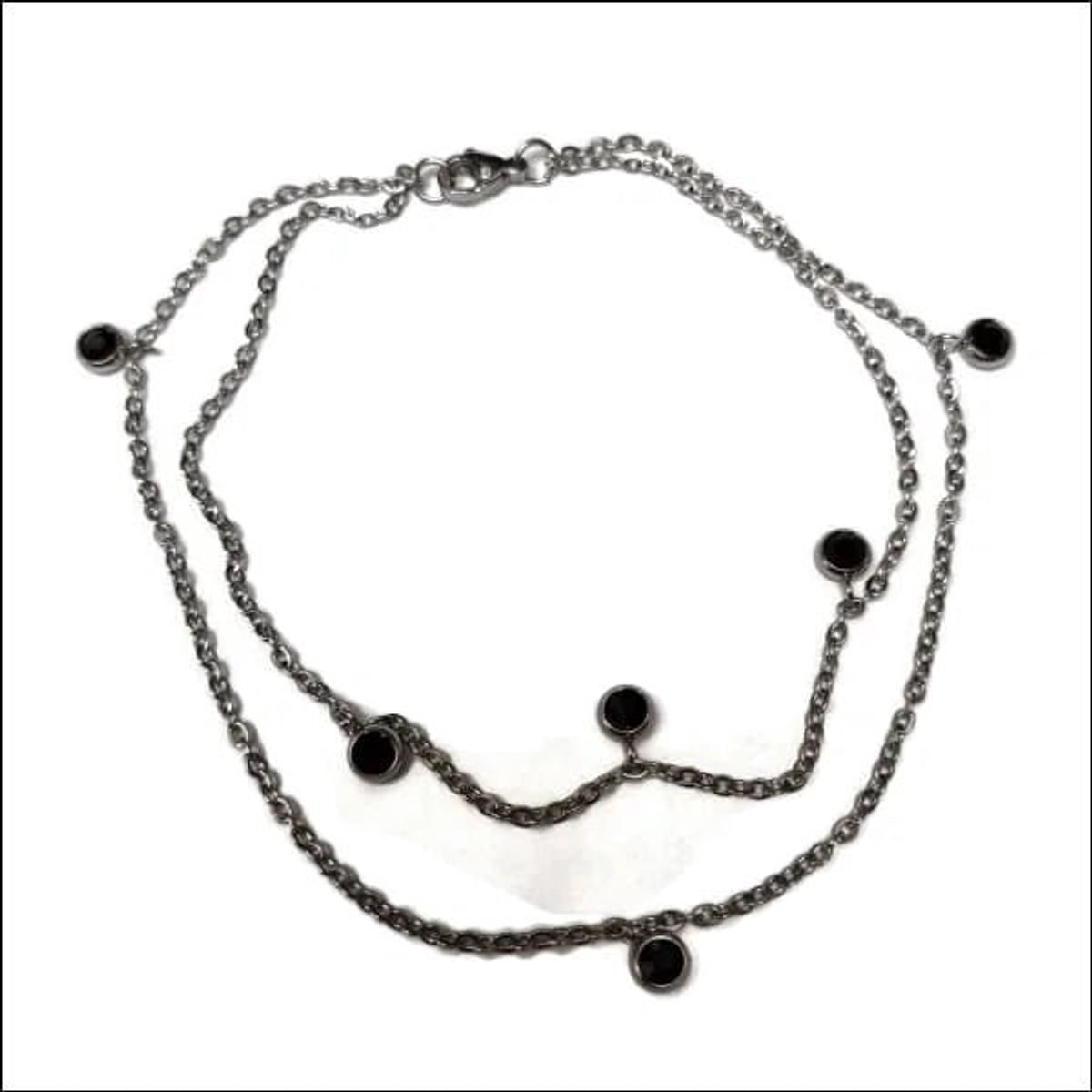 Aramat Jewels | Enkelbandjes | Dubbel Enkelbandje met Zirkonia Steentjes | Zwart | |3mm | Staal | Volwassenen | Verkleurd niet