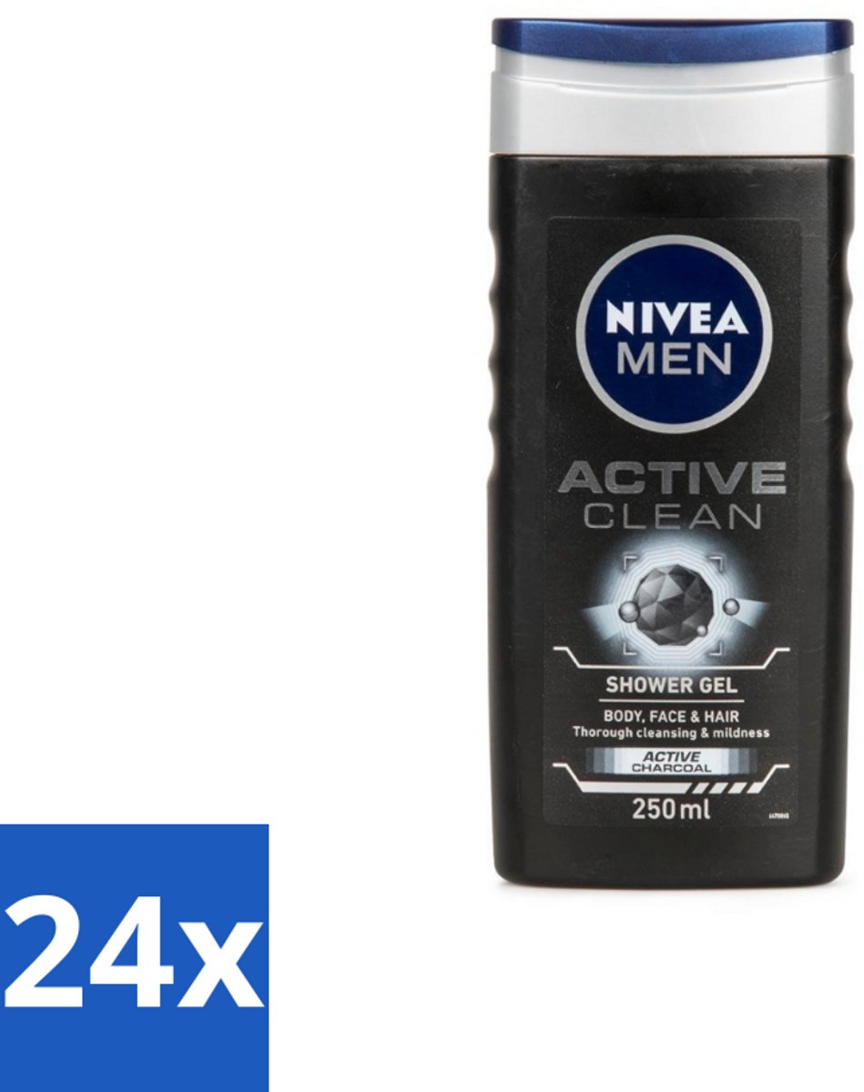 24 x NIVEA MEN - Douchegel - Active Clean - 250 ml - Douchegel - Reiniging - Houtskool - Mannelijke Geur - Huidverzorging