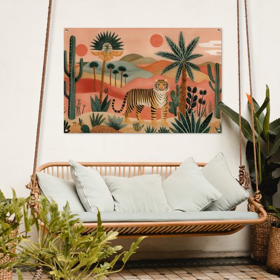 Tuinposter 120x80 cm - Tuindecoratie Tijger - Palmen - Cactus - Oranje - Poster voor in de tuin - Buiten decoratie - Schutting tuinschilderij - Tuindoek muurdecoratie - Wanddecoratie balkondoek