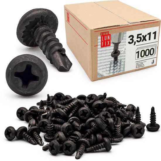 LUN FIX - Vis à tôle - 3,5 x 11 mm - 1000 pièces - Vis autoperceuses - Vis à métaux filetage fin