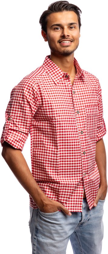 Samex® Oktoberfest Heren - Blouse - Oktoberfestknopen - Tiroler Overhemd - Lederhosen Man - Rood - Wit - Maat M