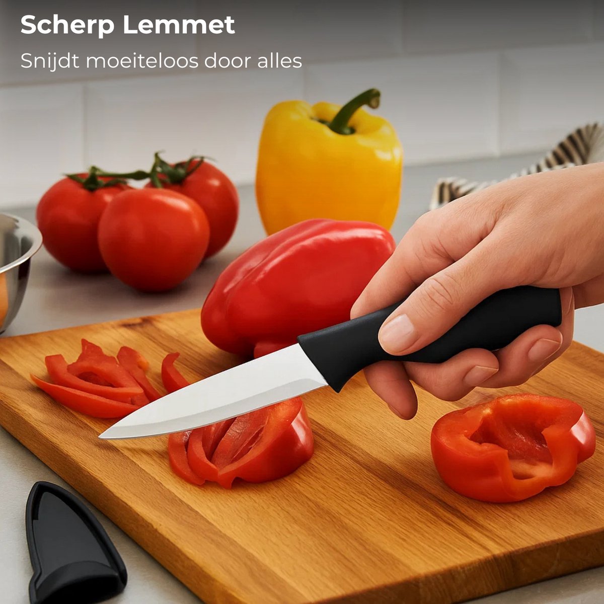 Lomera Keukenmes met Slijper - Roestvrijstalen Keukenmes - Keukenmes met Houder - Geïntegreerde Messenslijper - Vlijmscherp Keukenmes - PP Heft - Beschermhoes voor Mes - Keukenmes voor Thuiskok