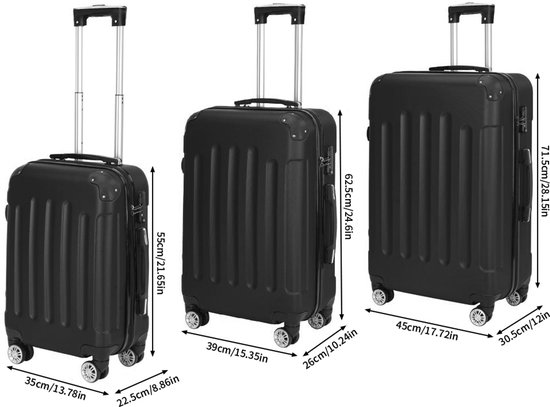 Zwarte ABS kofferset 3-delig – Handbagage & Reiskoffers met TSA-slot