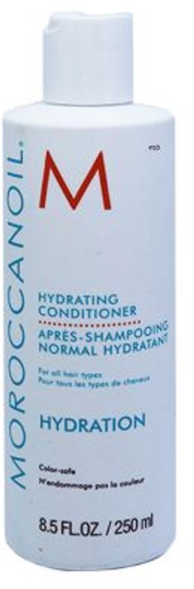 Witte Moroccanoil Hydrating Conditioner fles met oranje M-logo. Tekst in Engels, Frans.