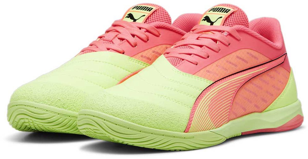 Groene en rode Puma Ibero IV futsalschoenen voor mannen en vrouwen, EU maat 46 1/2, lichtgewicht en high performance.