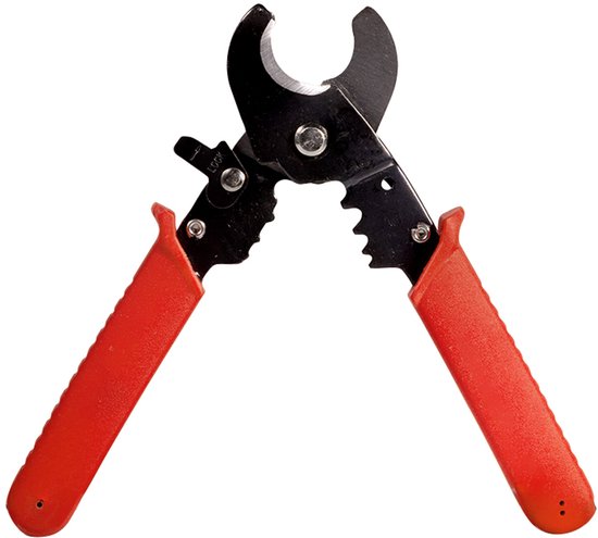Rode tang voor kabelsnijden met zwarte, metalen bekken, geopend.
