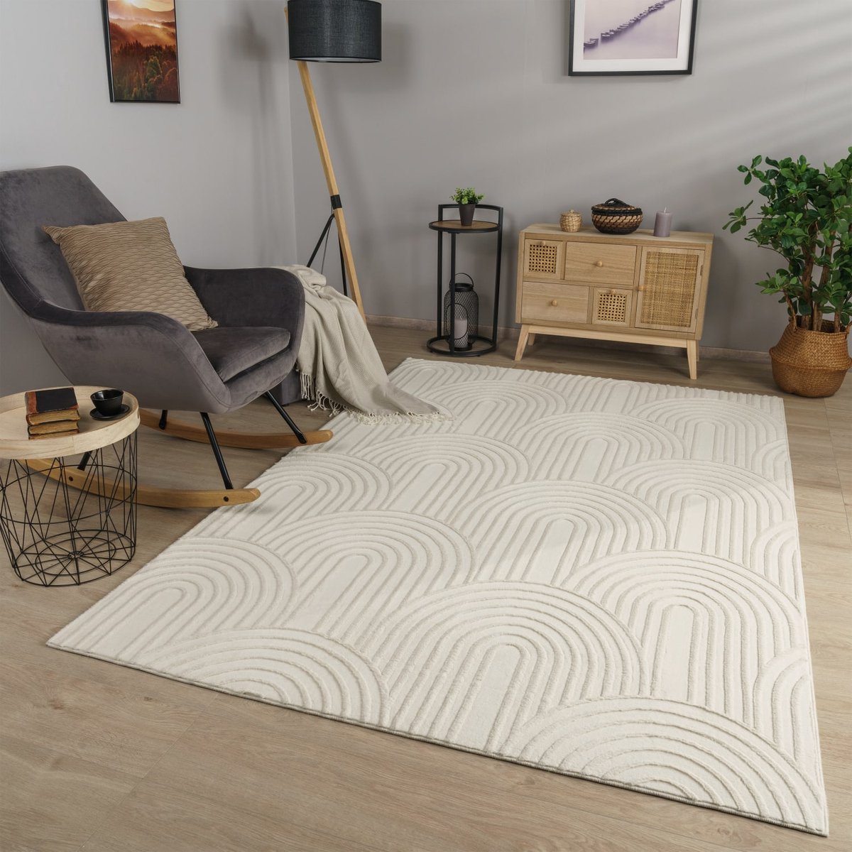 Woonkamertapijt eetkamer kortpolig geometrisch uiterlijk Skandi Boho effen kleuren