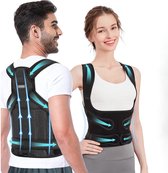Man en vrouw, beiden dragen een zwarte rugbrace, met blauwe pijlen die de ondersteuning aangeven. "Caresense".