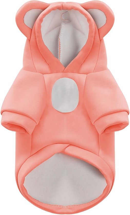 Roze hoodie voor huisdieren met teddybeer-details, capuchon en een grijze cirkel op de borst.
