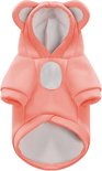 Roze hoodie voor huisdieren met teddybeer-details, capuchon en een grijze cirkel op de borst.