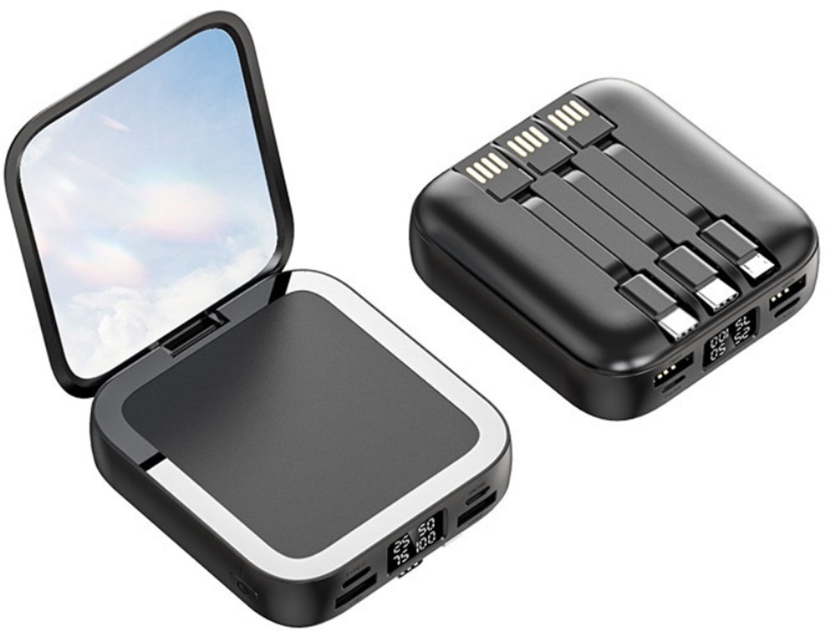 Powerbank 10.000 mAh – Zwart – Met ingebouwde kabels & display – Draagbare oplader / externe batterij voor smartphone & tablet
