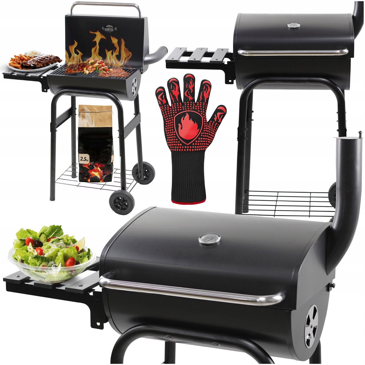 Stevige Koolgrill met Wielen, Deksel, Plank & Thermometer