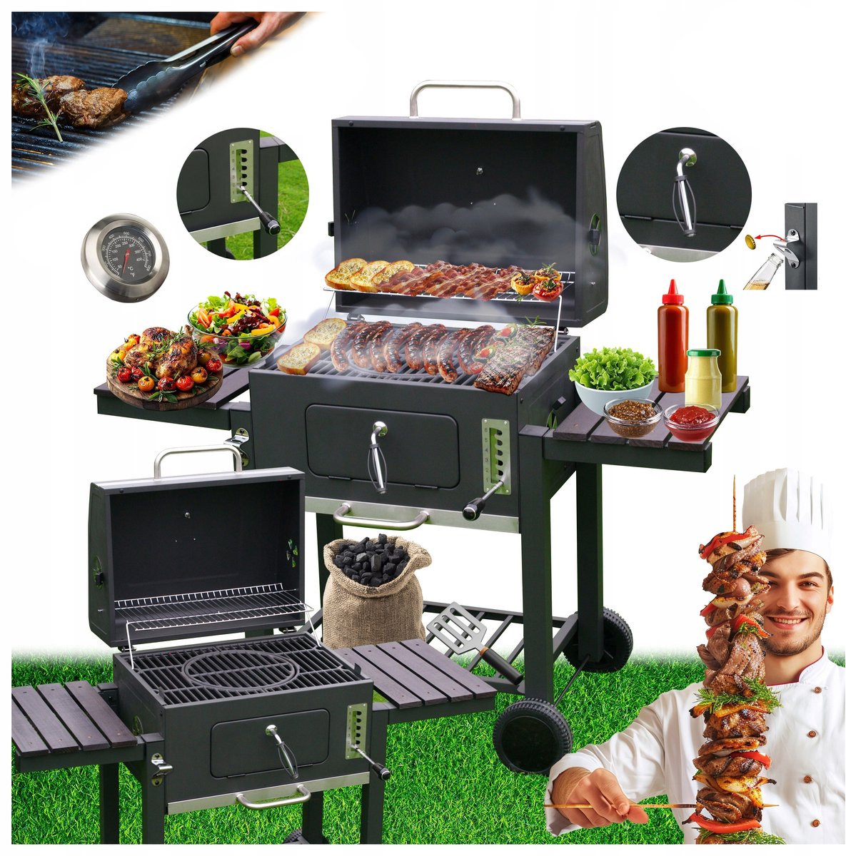 VELACO Koolgrill XXL met Deksel, Wielen & Thermometer - Grijs