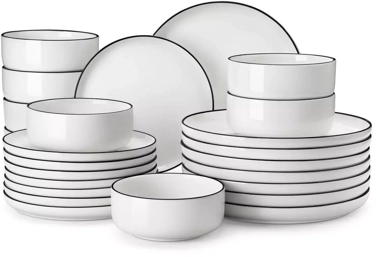 Serviesset - 8 Persoons Servies - Porselein - Dinerborden - Dessertborden - Ontbijtkommen - 24-delige Set - Wit - Zwart