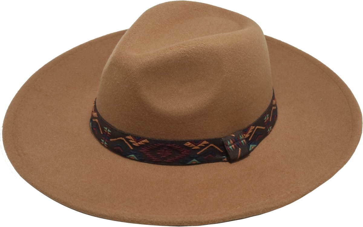 Emilie collection - hoed - camel - fedora - Vilten hoed met brede rand en boho band - Camel bruin