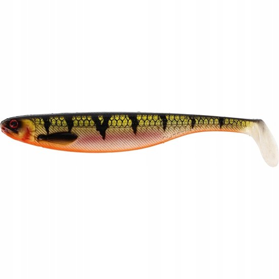 Oranje visvormige softbait met zwarte strepen, gele buik en rode ogen.