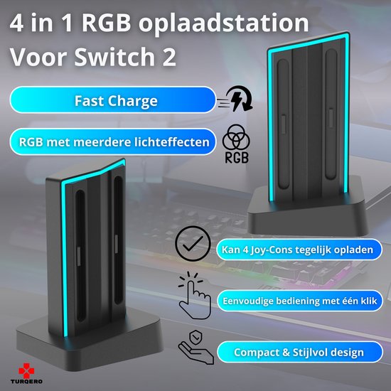 Zwarte 4-in-1 RGB oplaaddock voor Switch Joy-Cons met blauwe lichtstrips. Fast Charge. Kan 4 Joy-Cons opladen. Compact & stijlvol design.